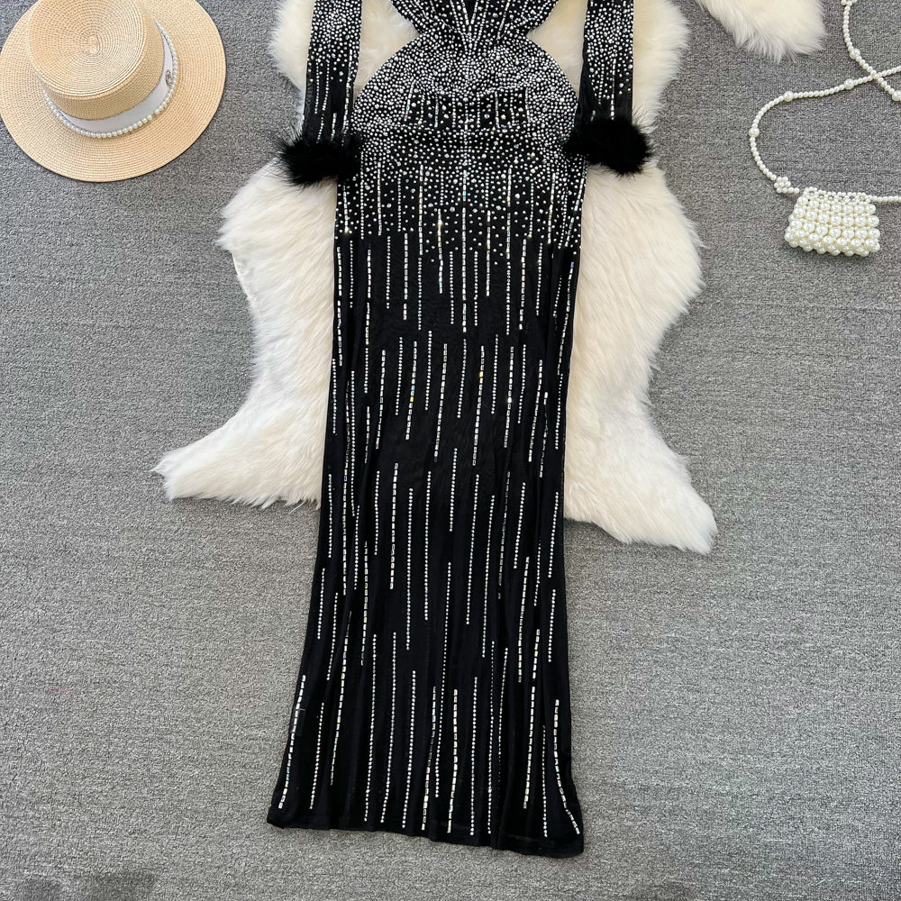 Crew Neck Rhinestone Studded Mesh Dress