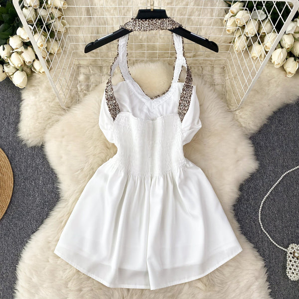 Sequin Backless Satin Halter Dress