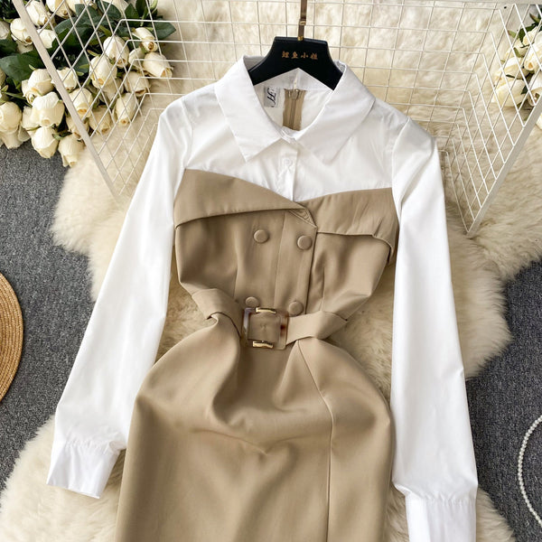 Faux Two-pieces Patchwork Shirt Dress