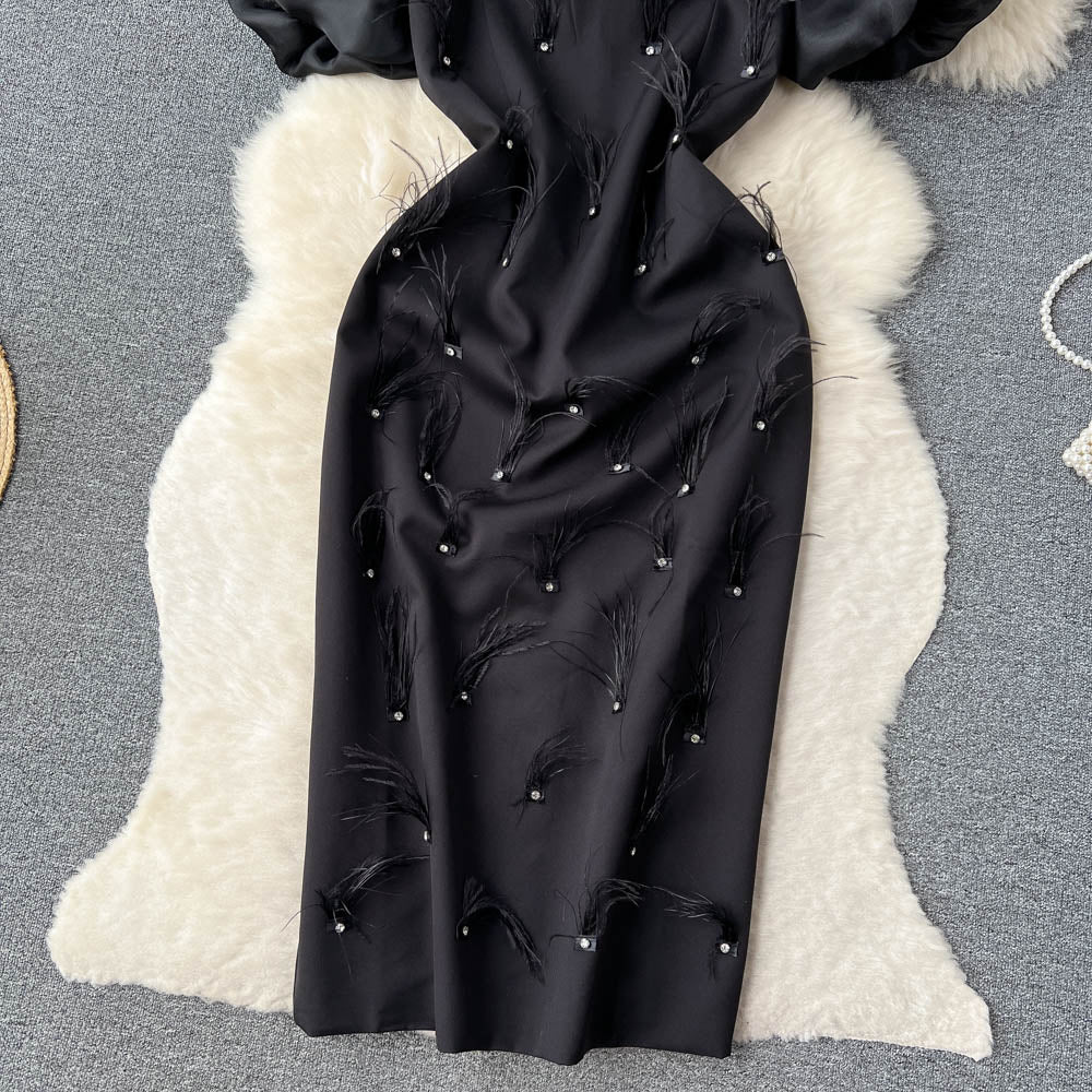Beaded Feather-decorated Black Dress
