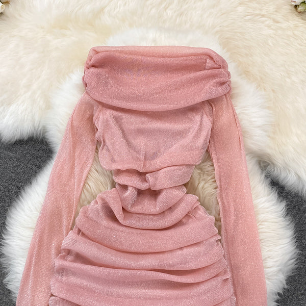 Off-shoulder Ruffled Drawstring Mesh Dress