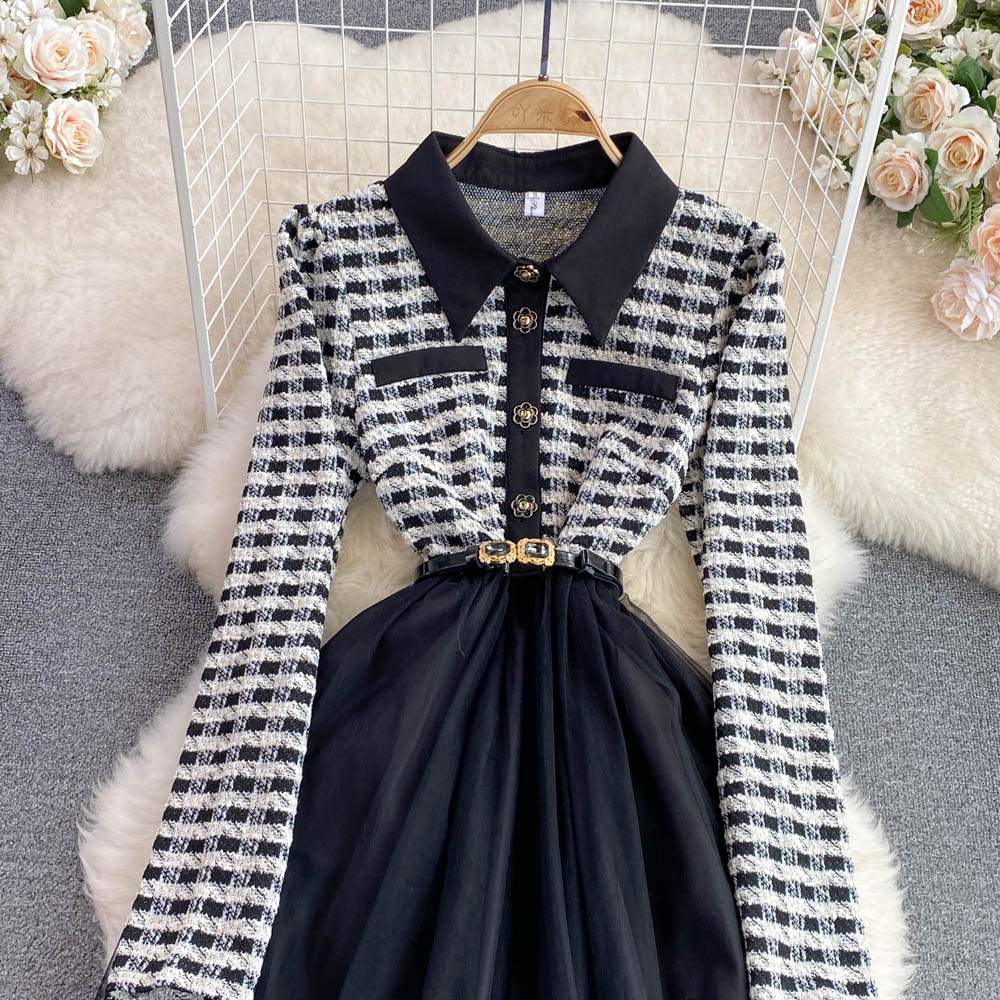 Plaid Knitted A-line Mesh Dress