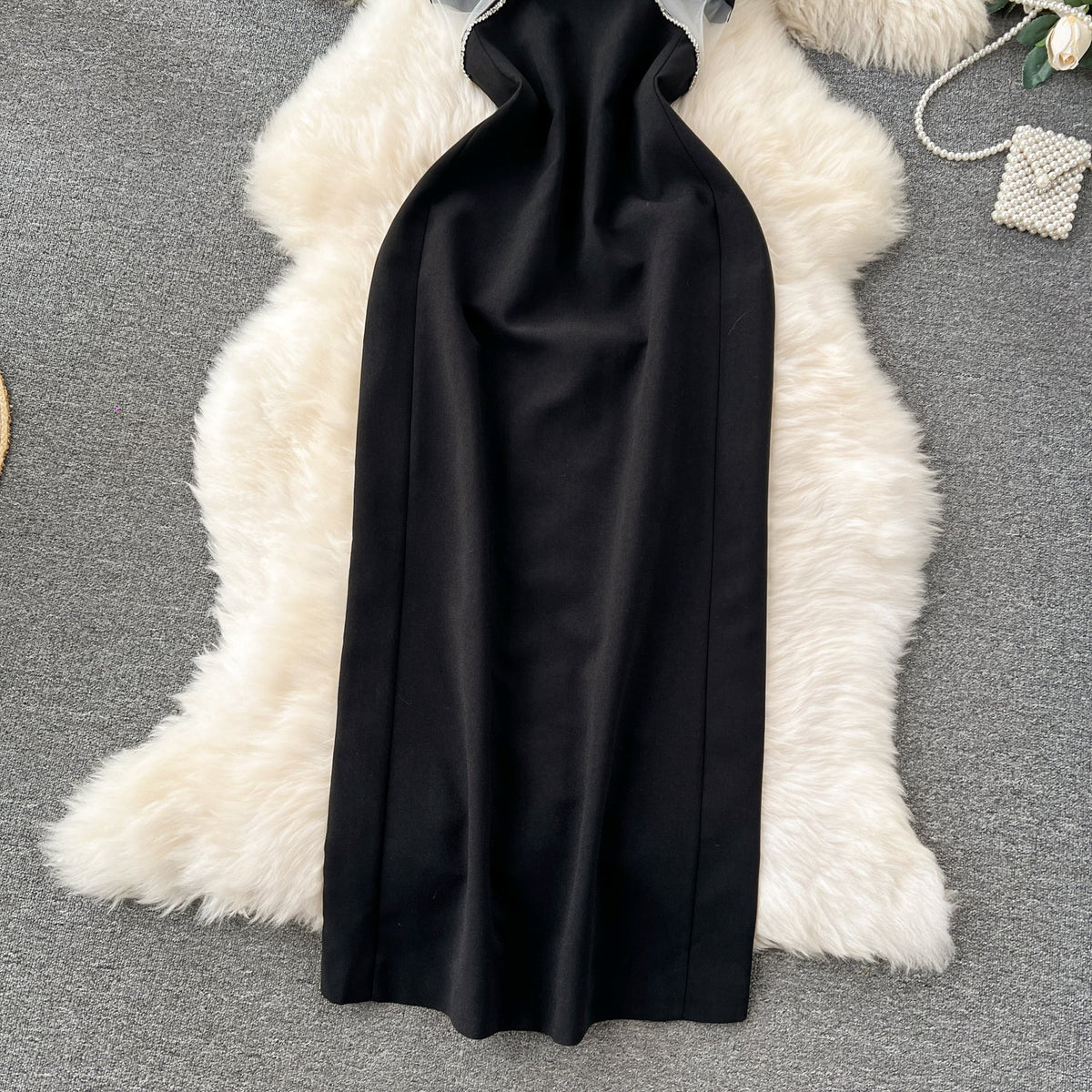 See-through Mesh Patchwork Chain Slip Dress