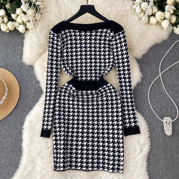 Premium Houndstooth Patchwork Knitted Dress