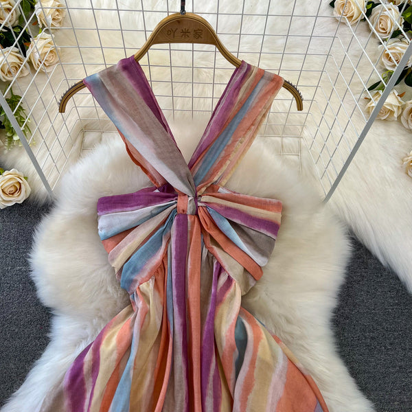 Rainbow Striped Tie-dye Halter Dress