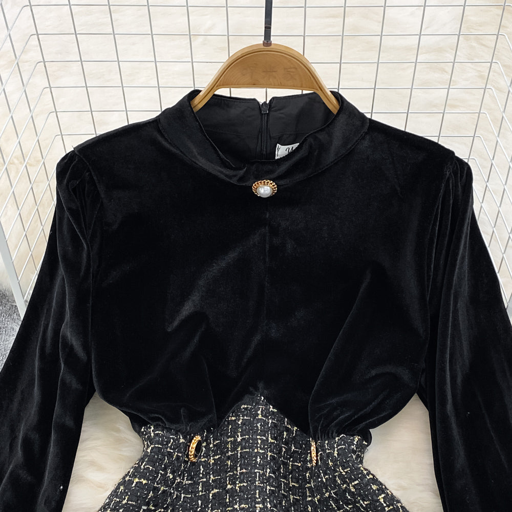 Gold Velvet Patchwork Tweed A-line Dress
