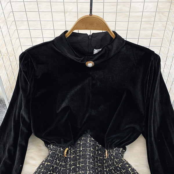 Gold Velvet Patchwork Tweed A-line Dress