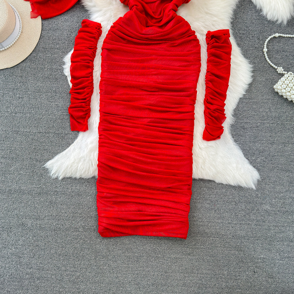 Pleated Mesh Dress with Detachable Sleeve