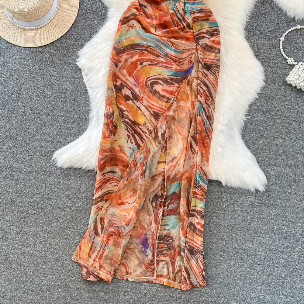 Elegant Tie-dye Backless Halter Dress