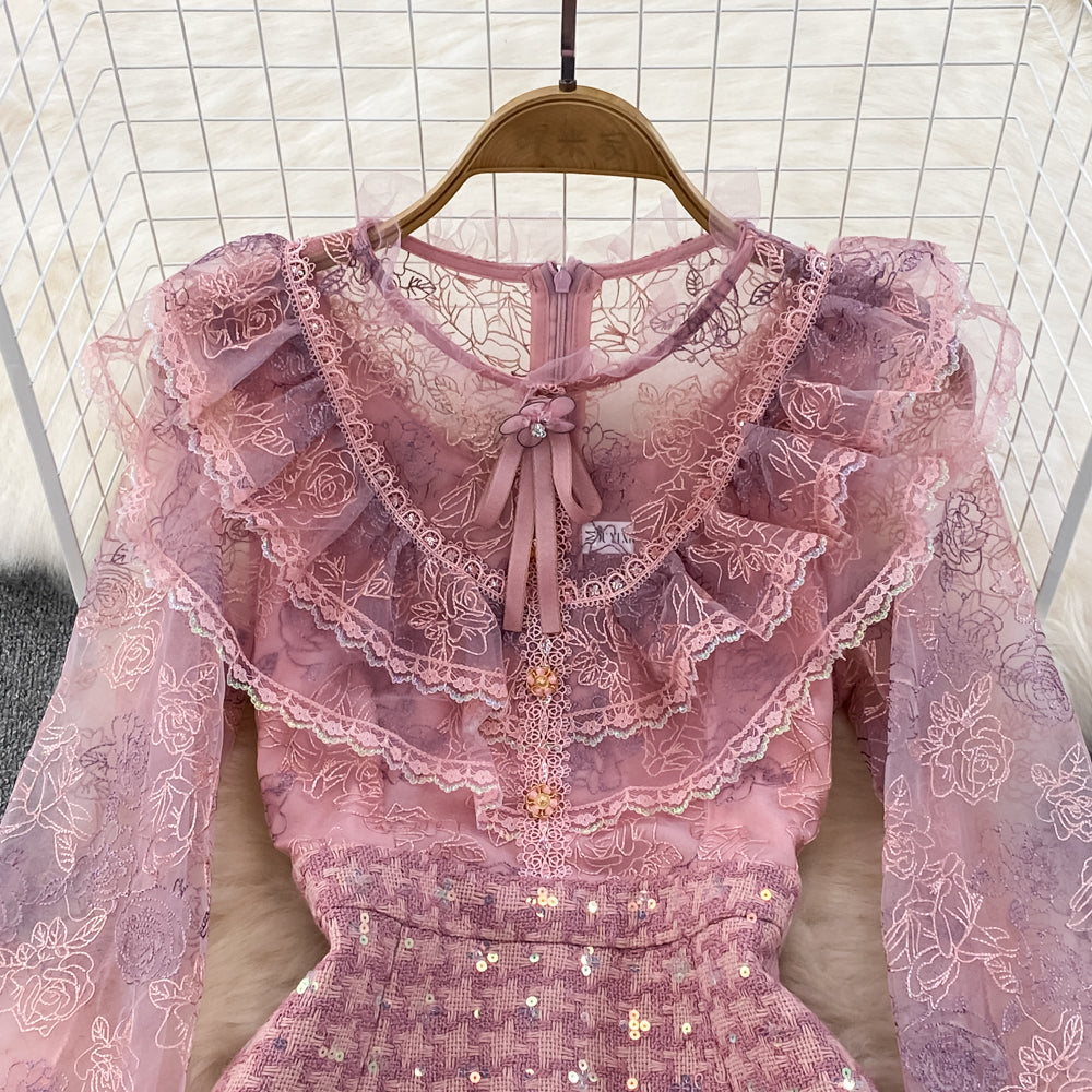 Lace Patchwork Sequin Tweed Dress
