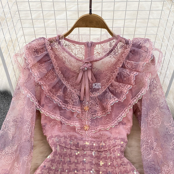 Lace Patchwork Sequin Tweed Dress