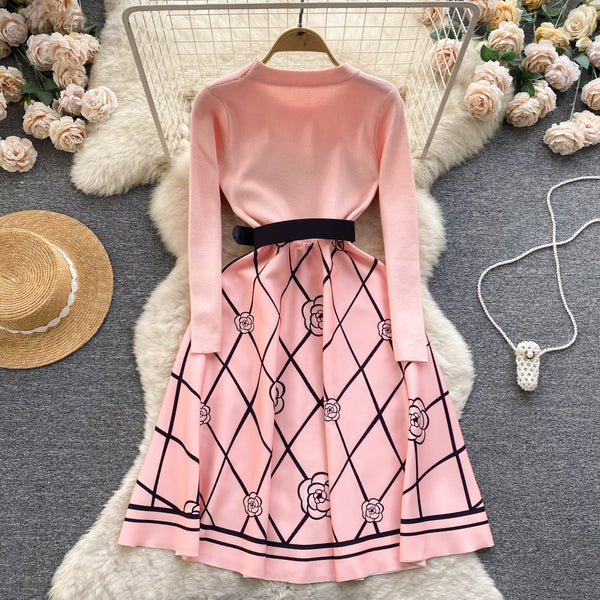 Faux Two-pieces Rhomboid Printed Dress