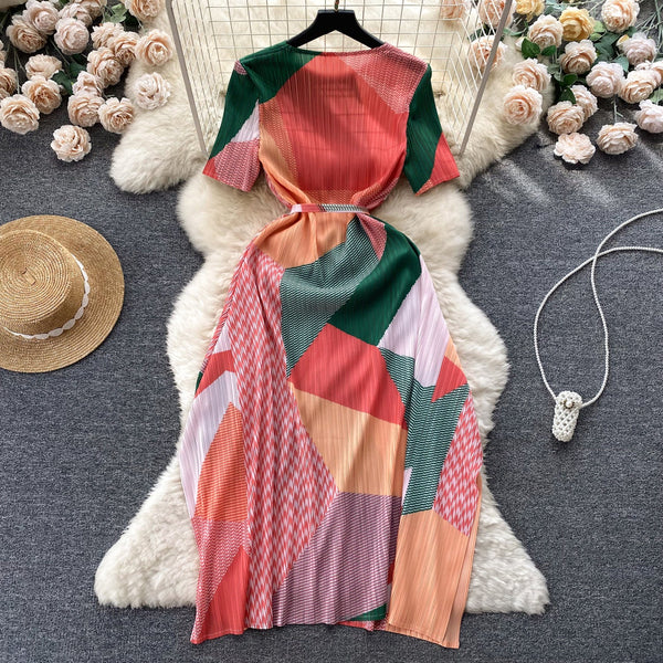 Lace-up Geometric Printed Pleated Dress