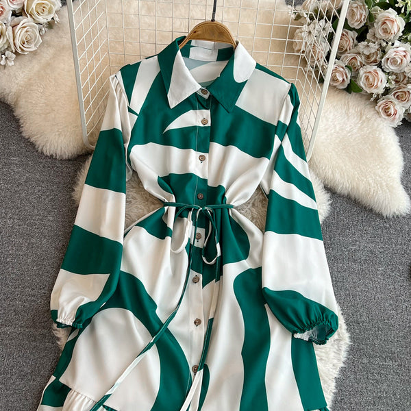 Elegant Tie-dye Printed Shirt Dress