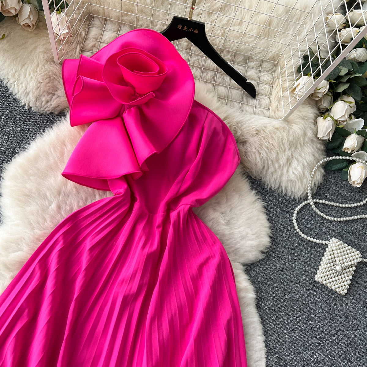 3d Floral Off-shoulder Pleated Dress