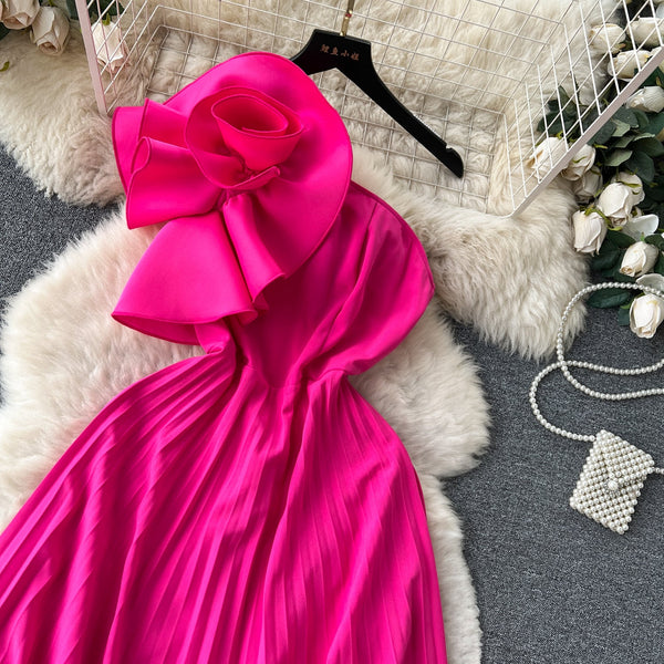 3d Floral Off-shoulder Pleated Dress