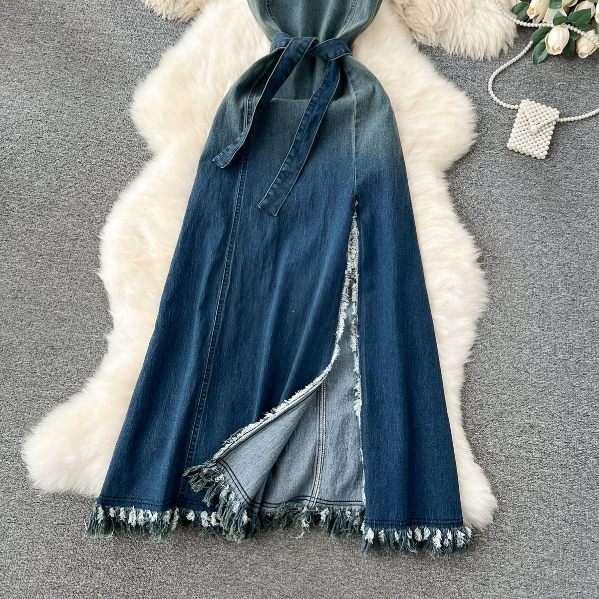 Chic Denim Fringed Slip Dress