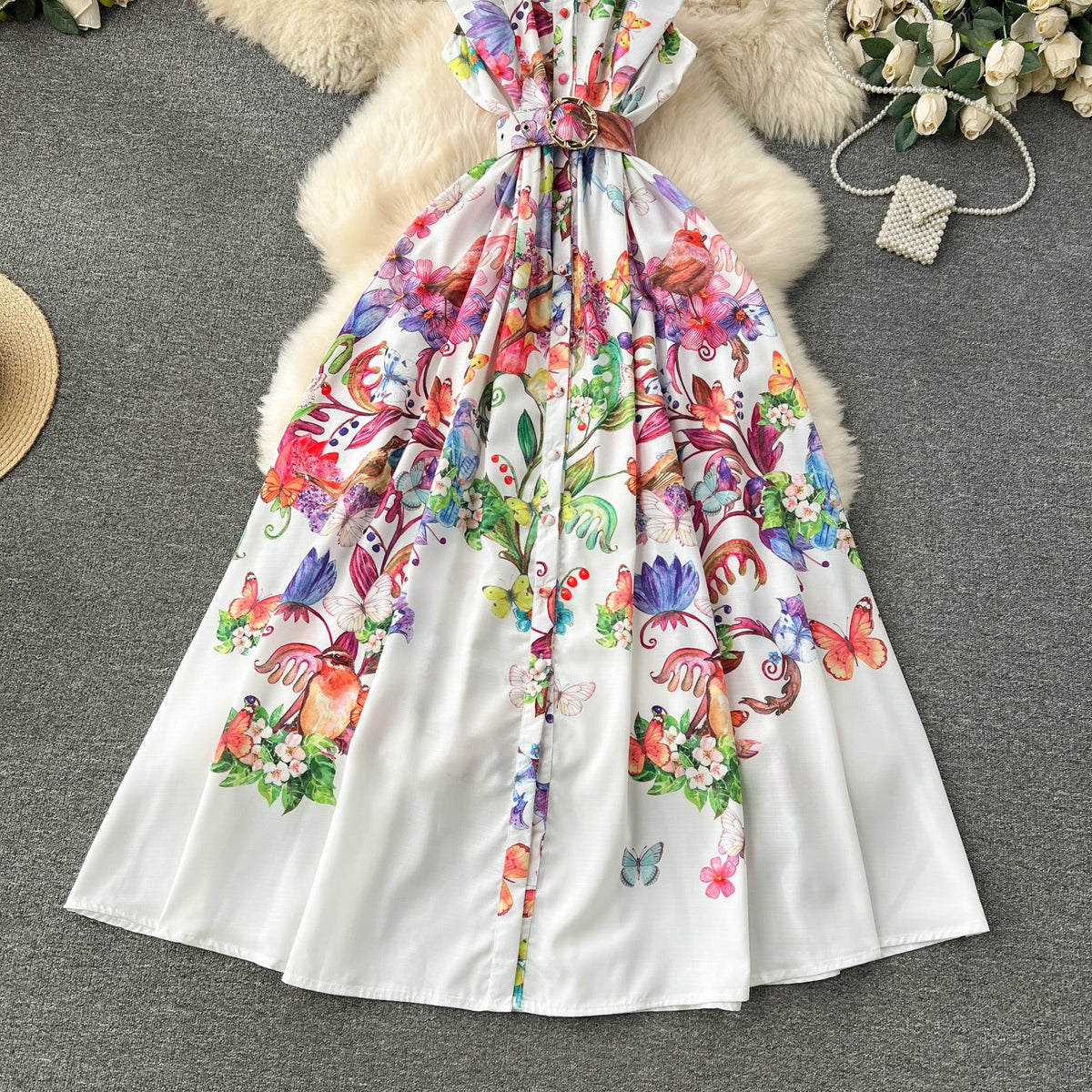 French Style Floral Sleeveless Shirt Dress