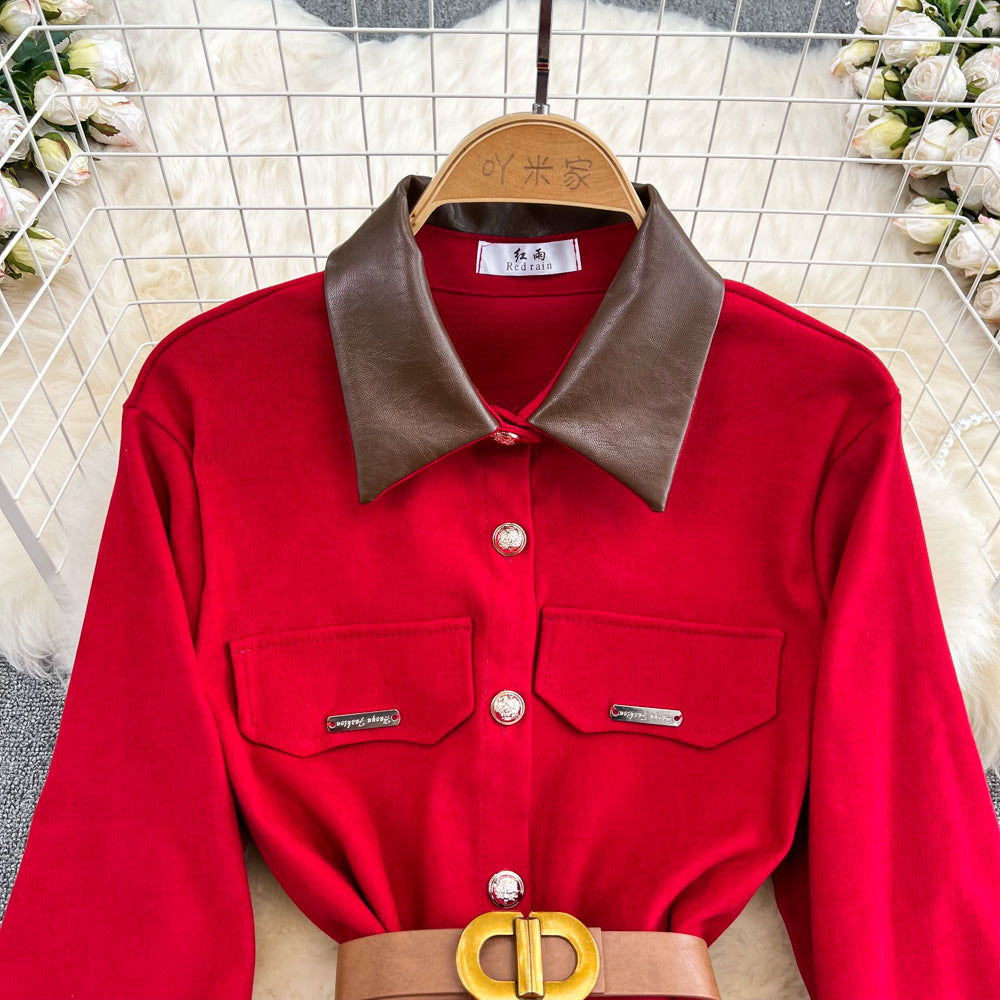 Lapeled Corduroy PU Patchwork Dress