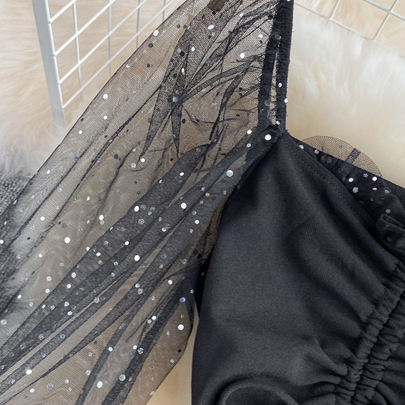 Shimmering Mesh Patchwork Black Dress