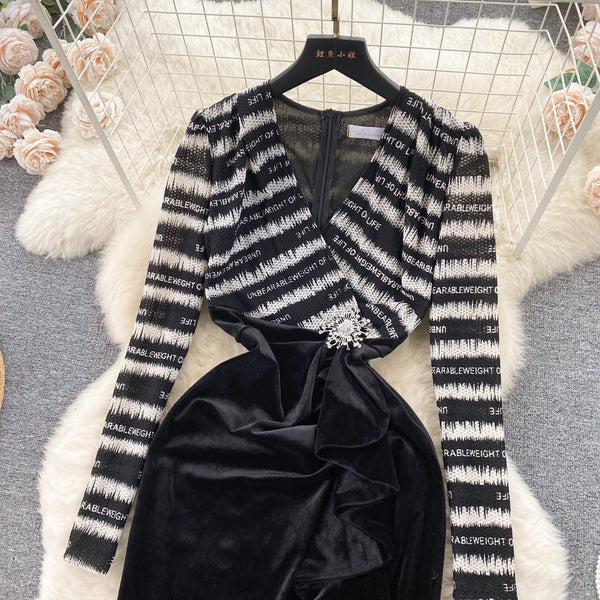 Mesh Patchwork Suede Split Black Dress