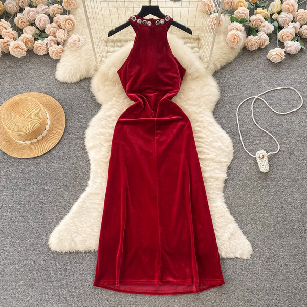 High-end Rhinestone Studded Halter Dress