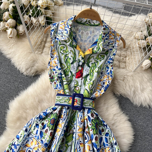 Courtly Lapel Floral Print Dress