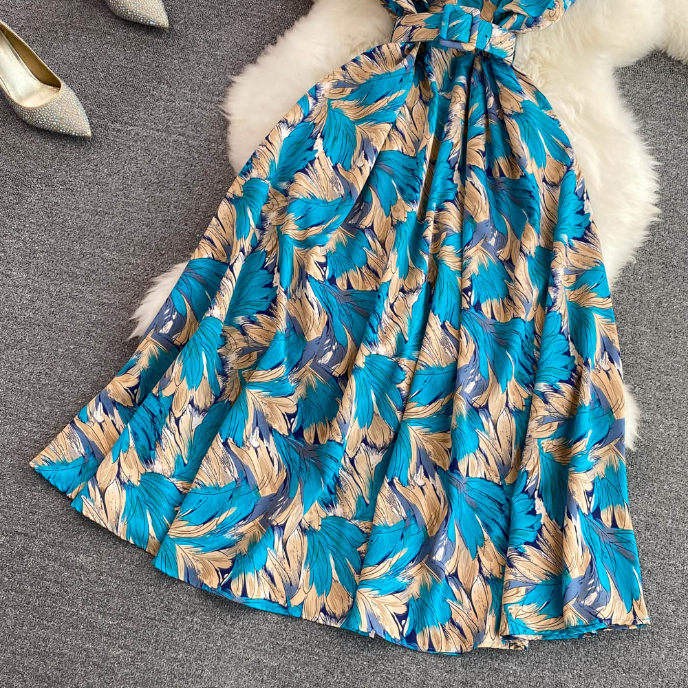 Stand Collar Floral Printed A-line Dress