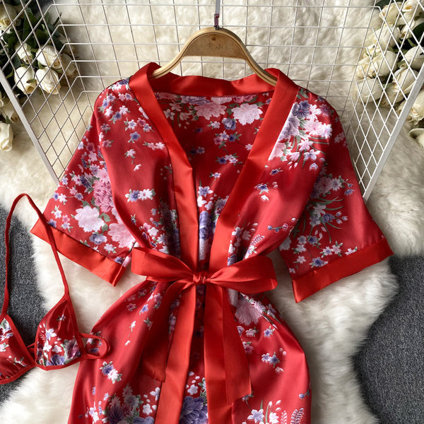 Lace-up Printed Robe Cardigan Dress
