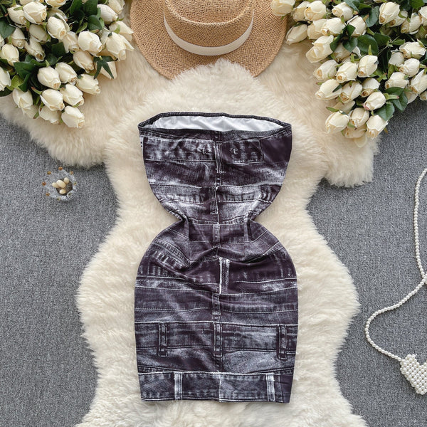Niche Strapless Denim Printed Dress
