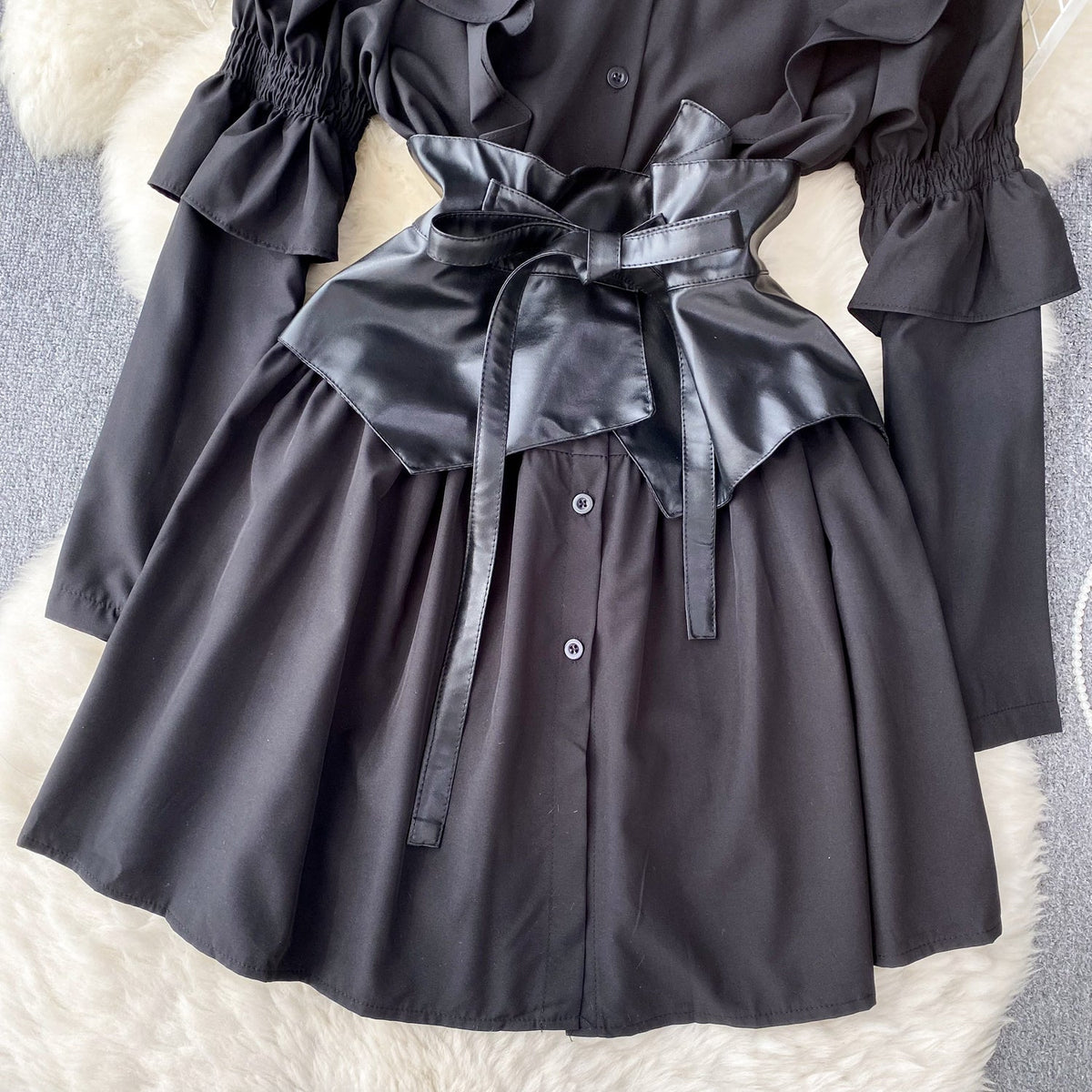 PU Girdle Ruffled Black Shirt Dress
