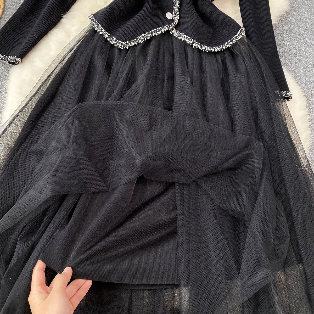 Elegant Cardigan&Slip Mesh Dress 2Pcs