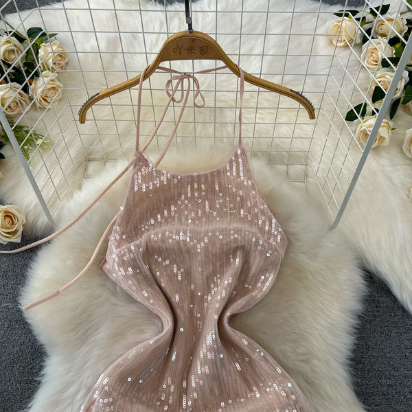 Glossy Sequined Backless Halter Dress
