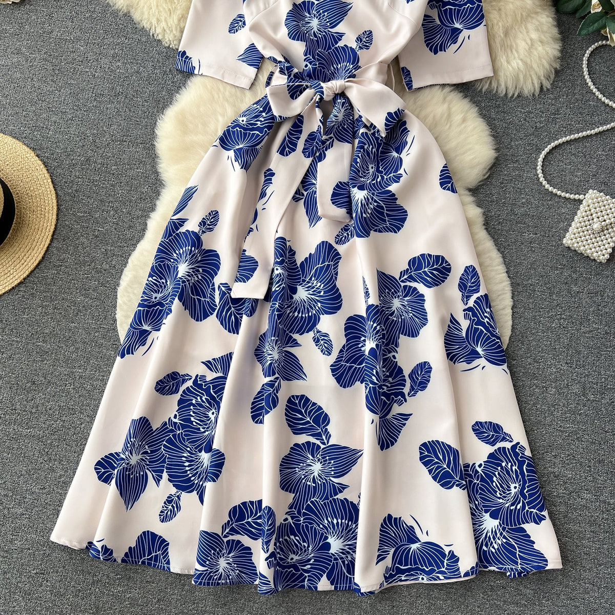 Bow-tie Round Collar Floral Dress