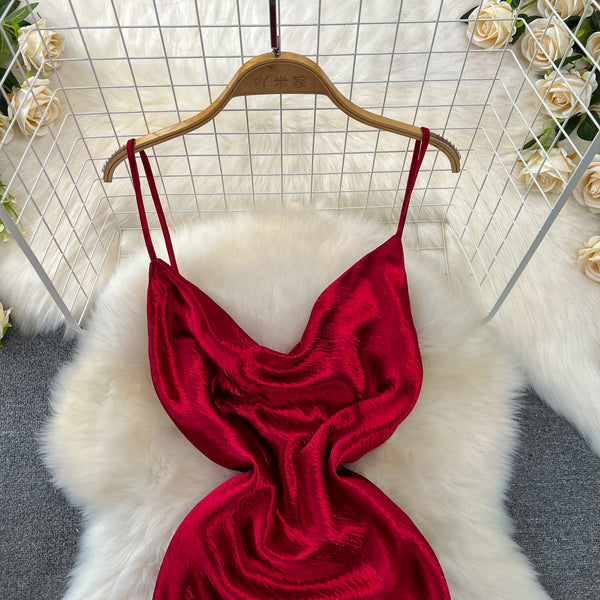 Vintage Draped Glossy Red Slip Dress