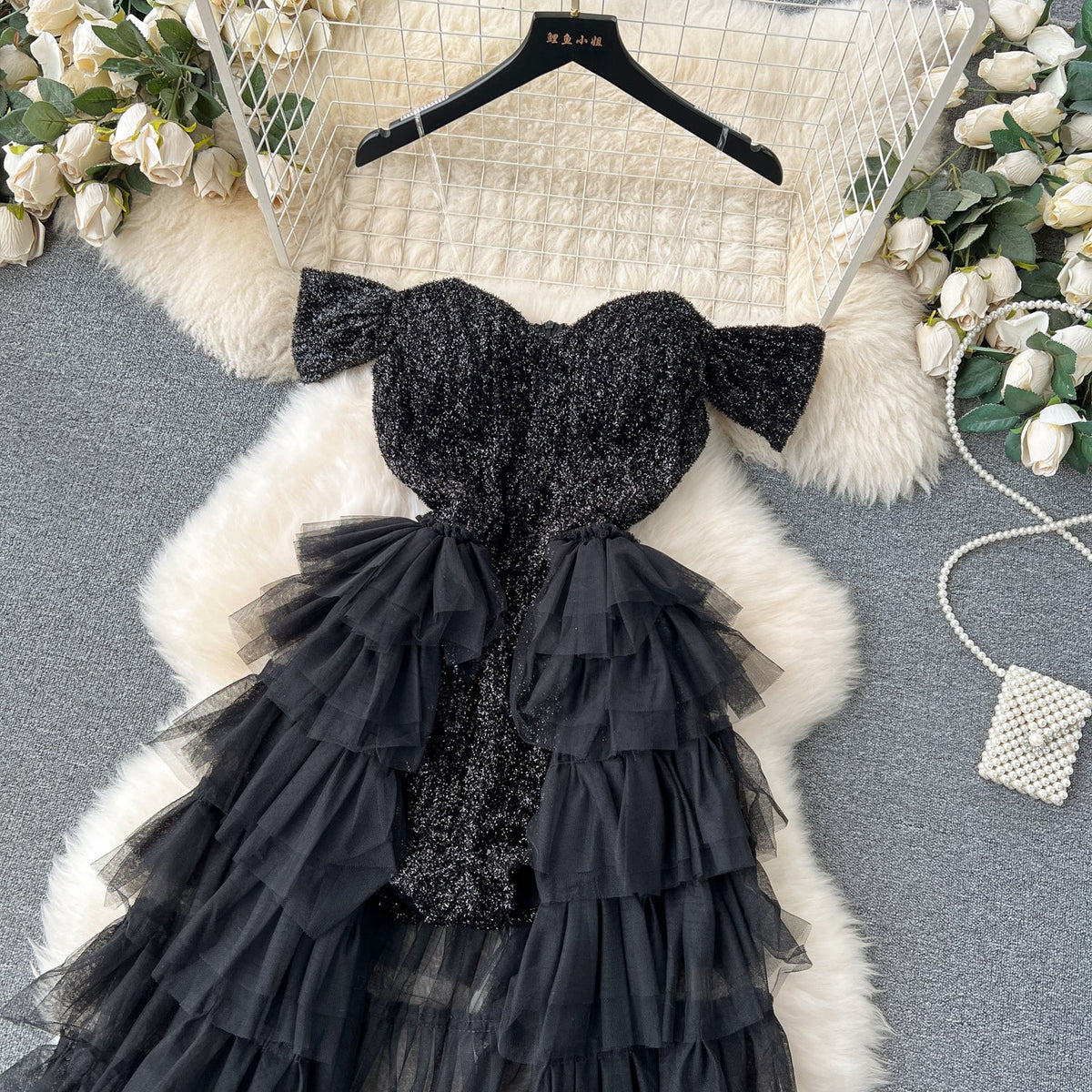 Sequined Off-shoulder Layered Mesh Dress