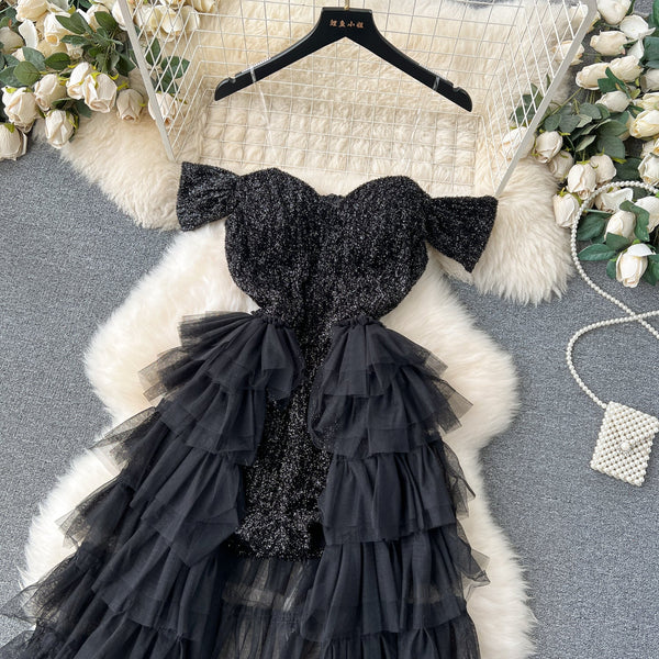 Sequined Off-shoulder Layered Mesh Dress