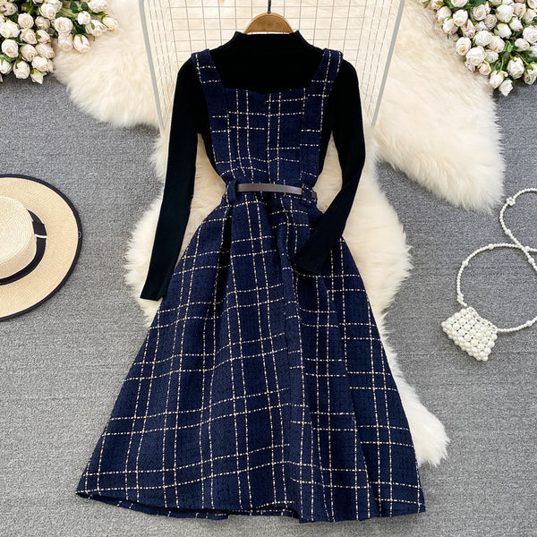 Bottoming Sweater&Plaid Tweed Dress 2Pcs