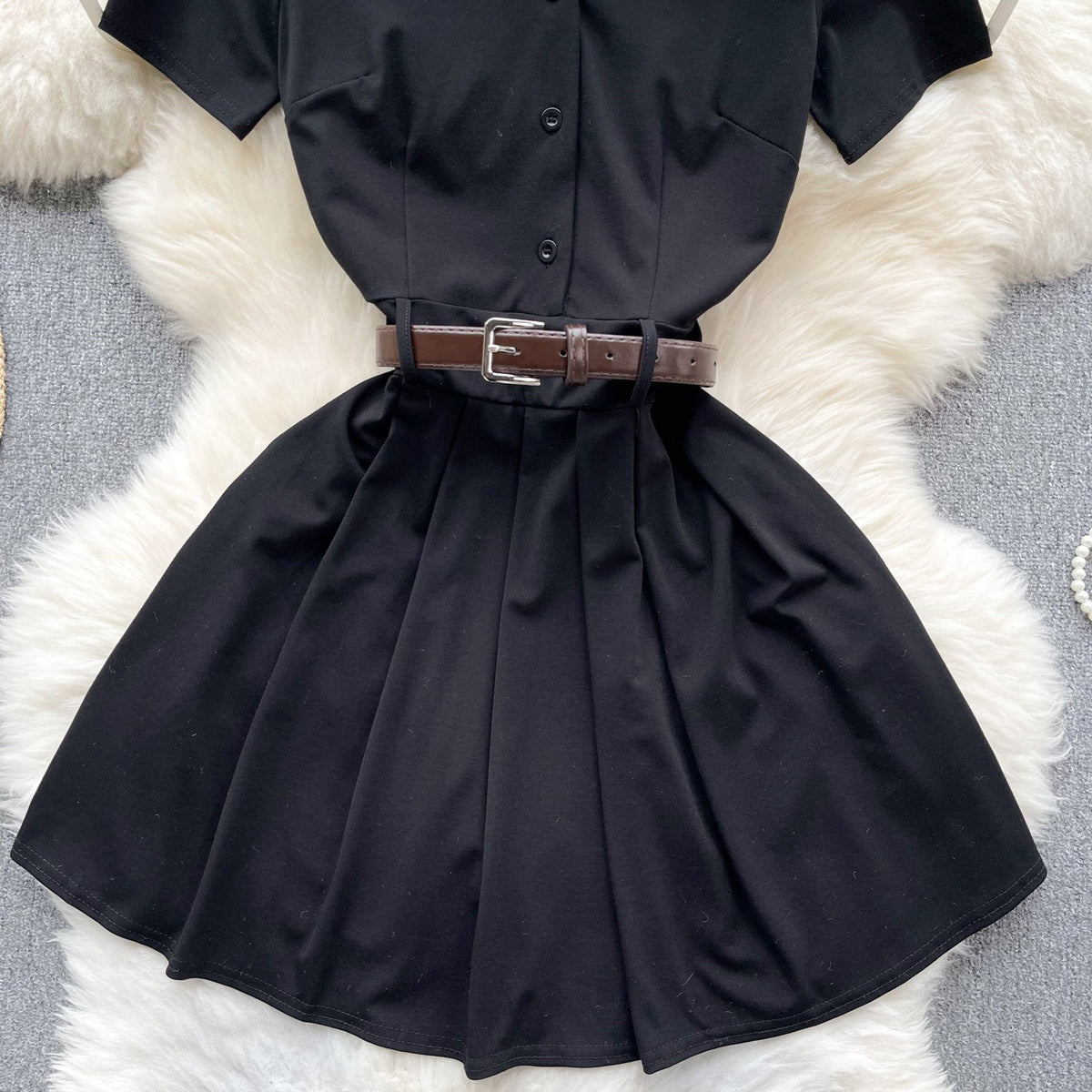 Polo Collar Pleated Black Shirt Dress