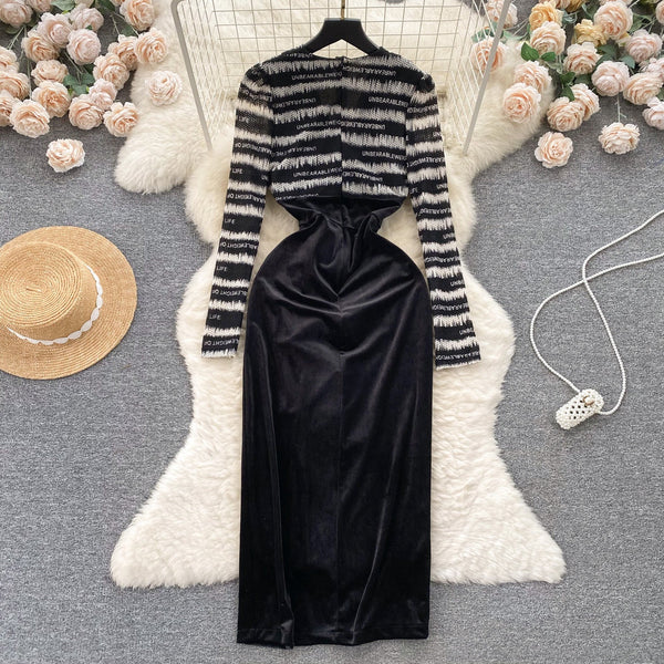 Mesh Patchwork Suede Split Black Dress