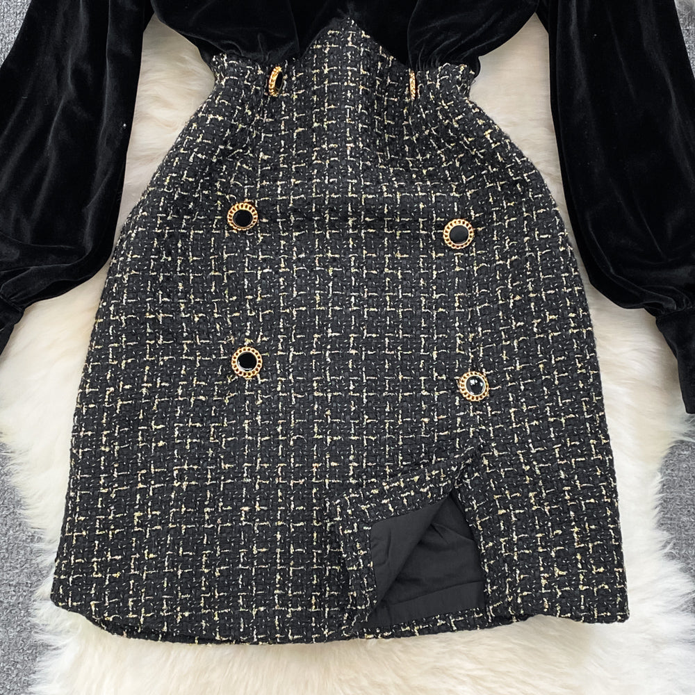 Gold Velvet Patchwork Tweed A-line Dress