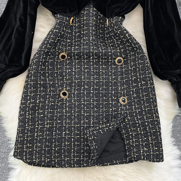 Gold Velvet Patchwork Tweed A-line Dress
