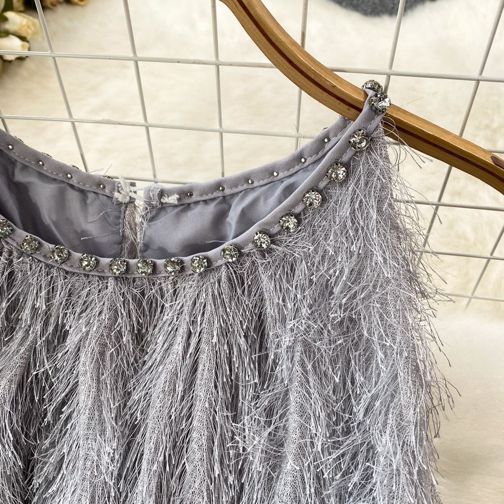 Rhinestone Studded Fringed Sleeveless Dress