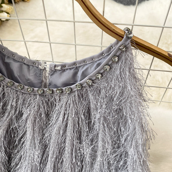 Rhinestone Studded Fringed Sleeveless Dress