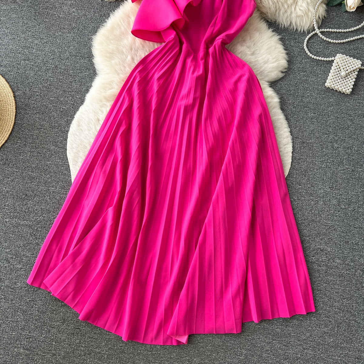 3d Floral Off-shoulder Pleated Dress