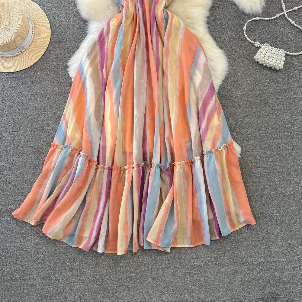Rainbow Striped Tie-dye Halter Dress
