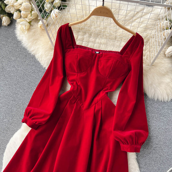 Square Collar Solid Suede Dress