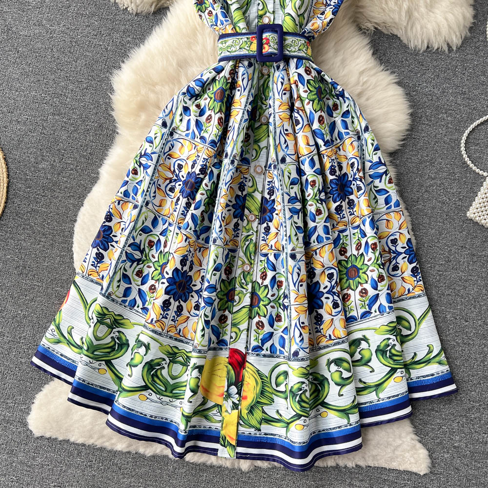 Courtly Lapel Floral Print Dress