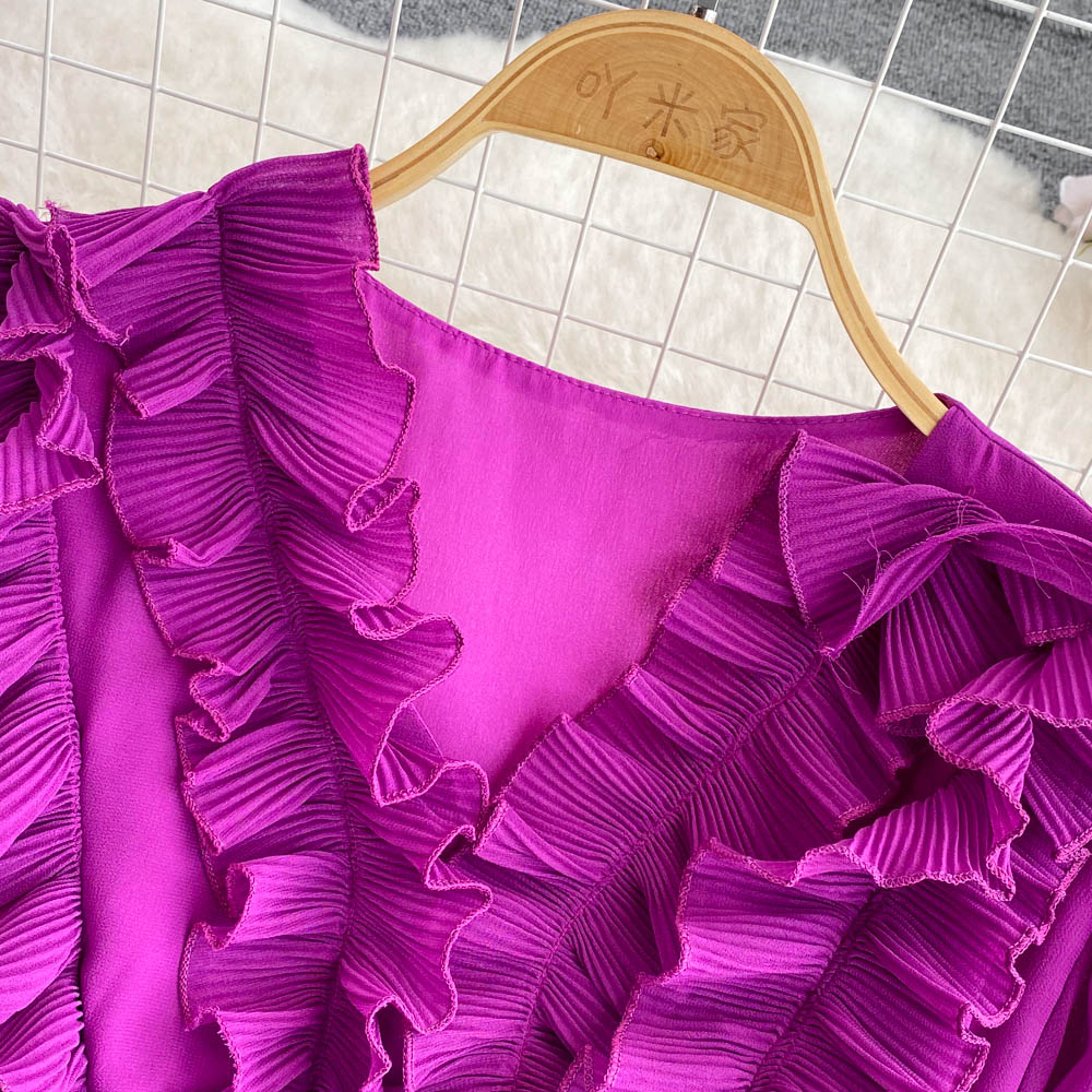 Vintage Ruffle Puffy Sleeve Pleated Dress