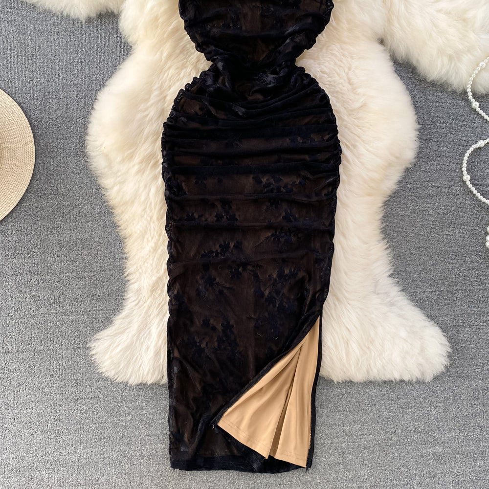 Square Collar Lace Patchwork Black Dress